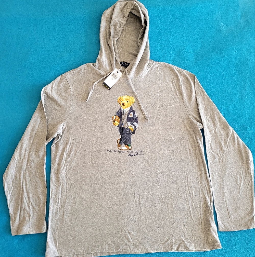 NWT Polo Bear Football Polo Ralph Lauren Gray Hooded Shirt Pullover Mens XL